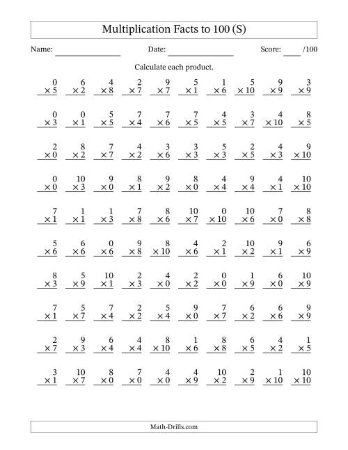 The Multiplication Facts to 100 (100 Questions) (With Zeros) (S) Math Worksheet