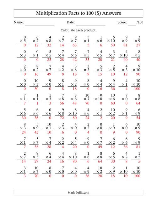 The Multiplication Facts to 100 (100 Questions) (With Zeros) (S) Math Worksheet Page 2