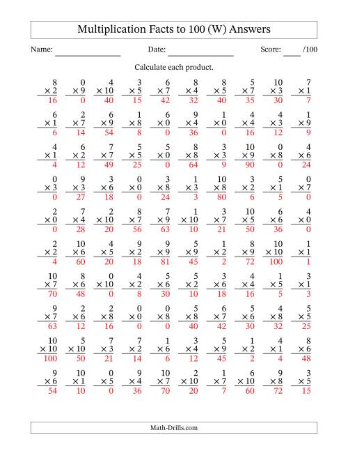 The Multiplication Facts to 100 (100 Questions) (With Zeros) (W) Math Worksheet Page 2