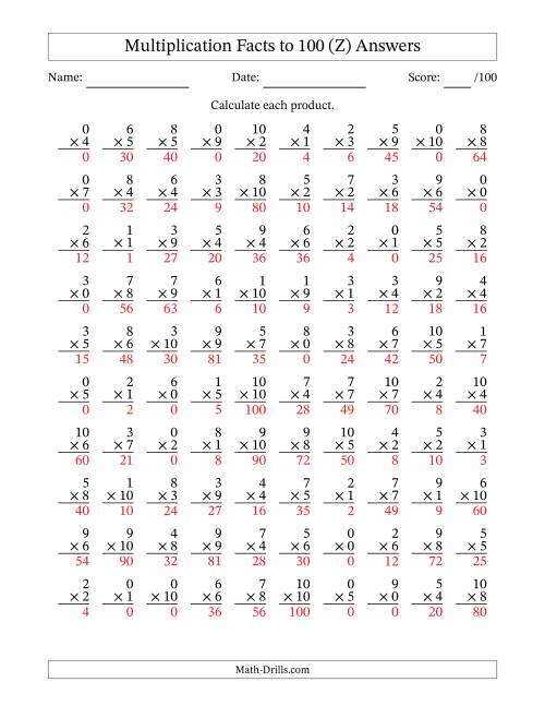 The Multiplication Facts to 100 (100 Questions) (With Zeros) (Z) Math Worksheet Page 2