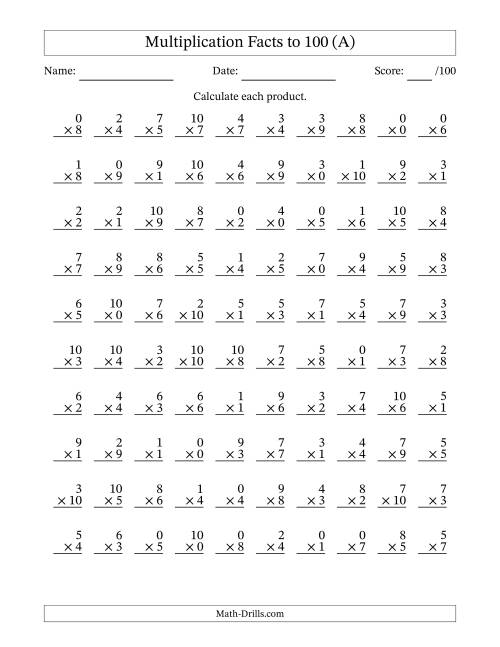 The Multiplication Facts to 100 (100 Questions) (With Zeros) (All) Math Worksheet