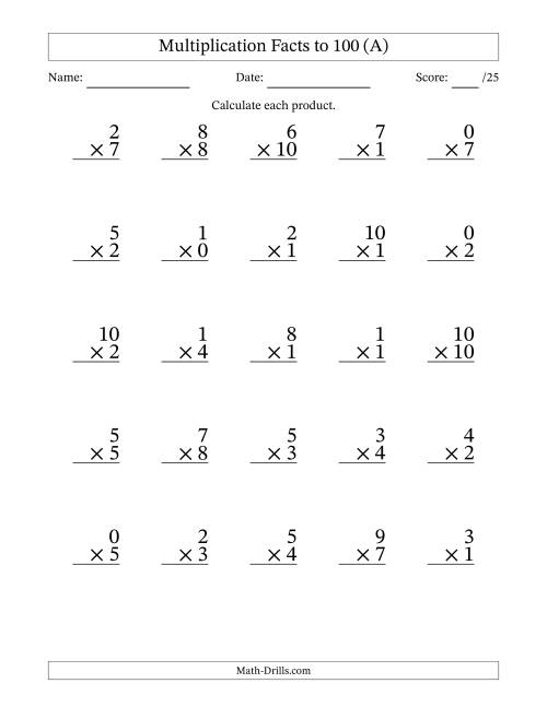 The Multiplication Facts to 100 (25 Questions) (With Zeros) (A) Math Worksheet