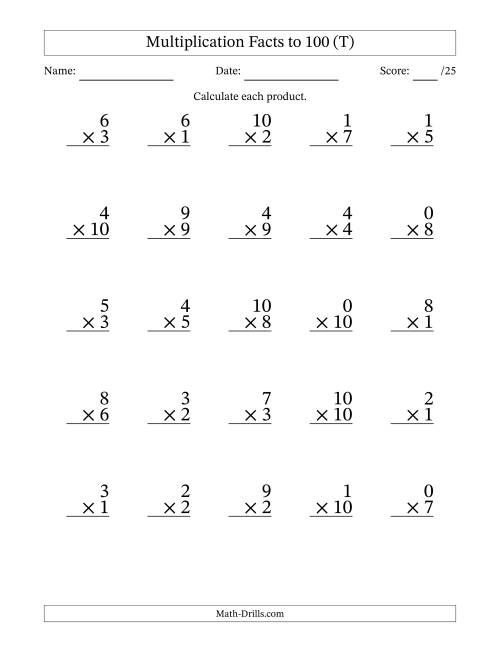 The Multiplication Facts to 100 (25 Questions) (With Zeros) (T) Math Worksheet