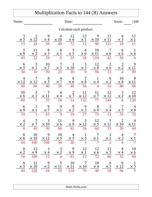 The Multiplication Facts to 144 (100 Questions) (No Zeros) (B) Math Worksheet Page 2