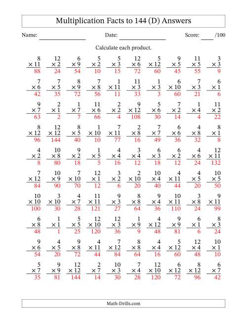 The Multiplication Facts to 144 (100 Questions) (No Zeros) (D) Math Worksheet Page 2