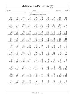 Multiplication Facts to 144 No Zeros (E) Multiplication Worksheet