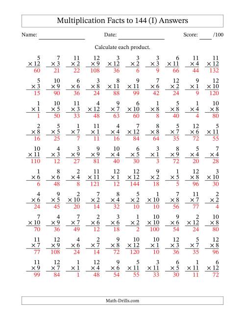 The Multiplication Facts to 144 (100 Questions) (No Zeros) (I) Math Worksheet Page 2