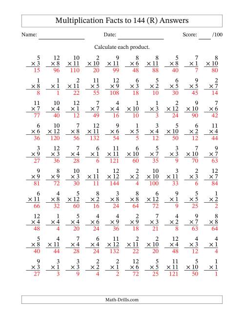 The Multiplication Facts to 144 (100 Questions) (No Zeros) (R) Math Worksheet Page 2