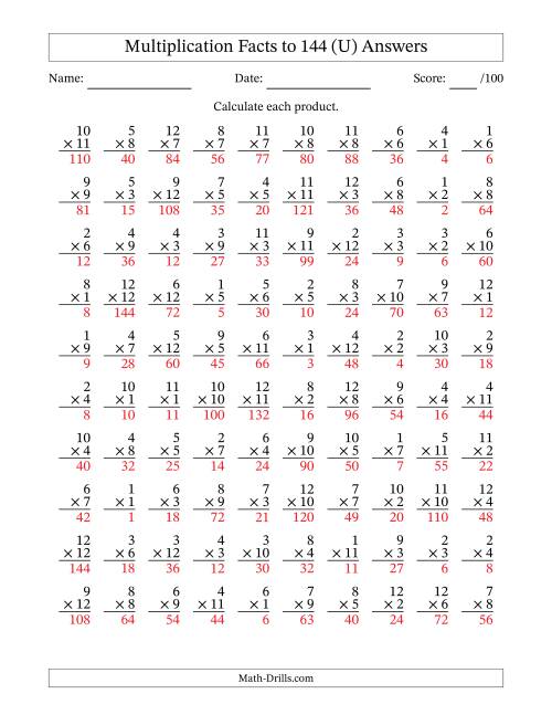 The Multiplication Facts to 144 (100 Questions) (No Zeros) (U) Math Worksheet Page 2