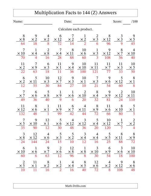 The Multiplication Facts to 144 (100 Questions) (No Zeros) (Z) Math Worksheet Page 2