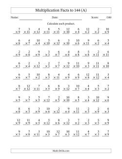 Multiplication Facts to 144 (100 Questions) (No Zeros or Ones)