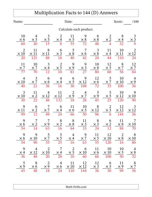The Multiplication Facts to 144 (100 Questions) (No Zeros or Ones) (D) Math Worksheet Page 2