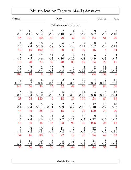 The Multiplication Facts to 144 (100 Questions) (No Zeros or Ones) (I) Math Worksheet Page 2