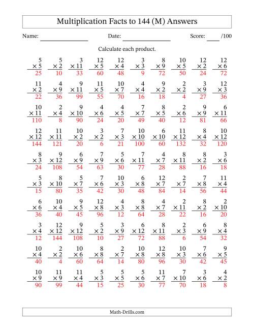 The Multiplication Facts to 144 (100 Questions) (No Zeros or Ones) (M) Math Worksheet Page 2