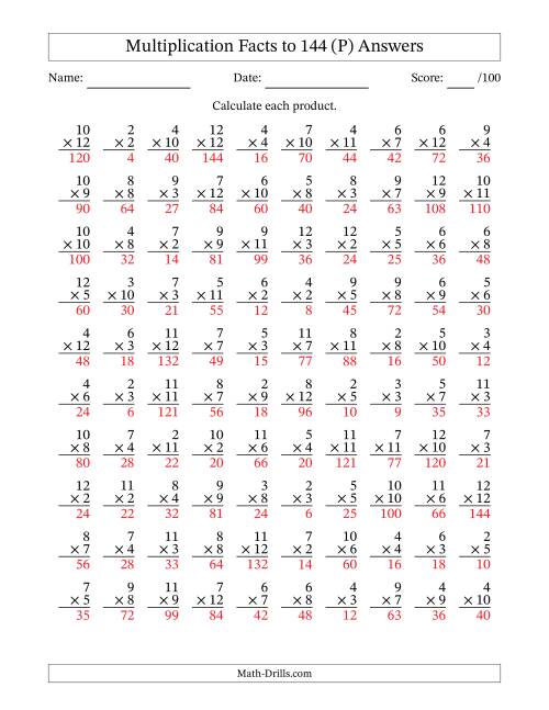The Multiplication Facts to 144 (100 Questions) (No Zeros or Ones) (P) Math Worksheet Page 2