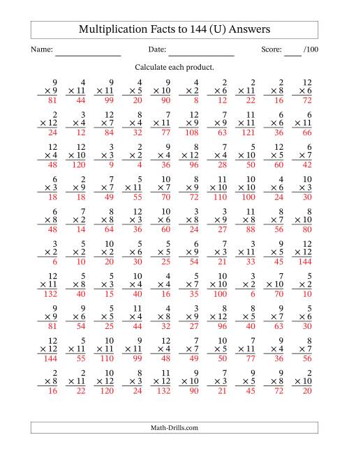The Multiplication Facts to 144 (100 Questions) (No Zeros or Ones) (U) Math Worksheet Page 2