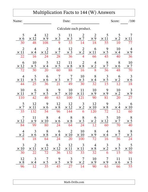 The Multiplication Facts to 144 (100 Questions) (No Zeros or Ones) (W) Math Worksheet Page 2