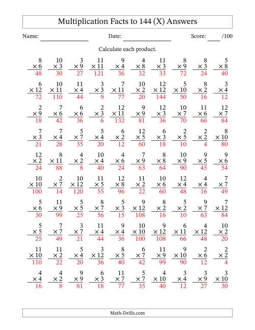 The Multiplication Facts to 144 (100 Questions) (No Zeros or Ones) (X) Math Worksheet Page 2