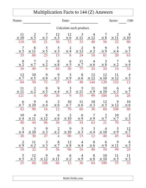 The Multiplication Facts to 144 (100 Questions) (No Zeros or Ones) (Z) Math Worksheet Page 2