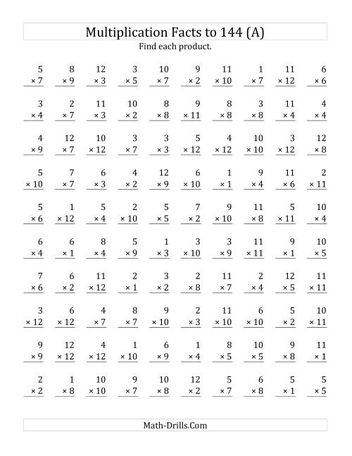 The Multiplication Facts to 144 No Zeros (Old) Math Worksheet