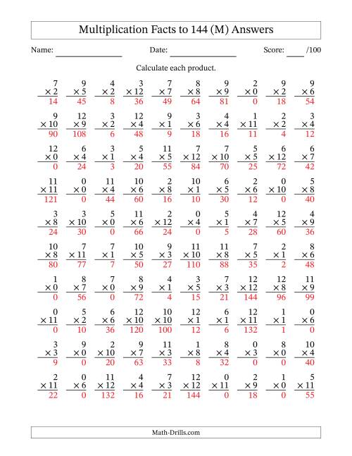The Multiplication Facts to 144 (100 Questions) (With Zeros) (M) Math Worksheet Page 2