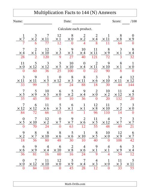 The Multiplication Facts to 144 (100 Questions) (With Zeros) (N) Math Worksheet Page 2