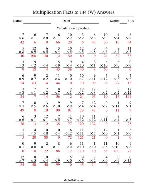 The Multiplication Facts to 144 (100 Questions) (With Zeros) (W) Math Worksheet Page 2