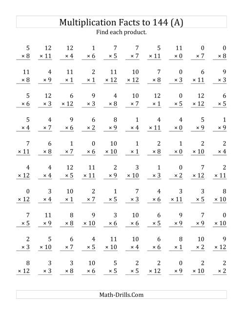 Multiplication Facts To 144 Including Zeros Old 