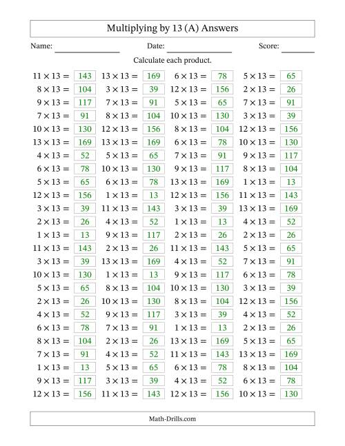The Horizontally Arranged Multiplying (1 to 13) by 13 (100 Questions) (A) Math Worksheet Page 2