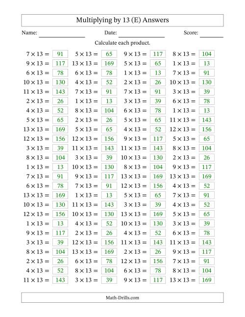 The Horizontally Arranged Multiplying (1 to 13) by 13 (100 Questions) (E) Math Worksheet Page 2