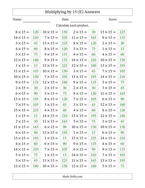 The Horizontally Arranged Multiplying (1 to 15) by 15 (100 Questions) (E) Math Worksheet Page 2