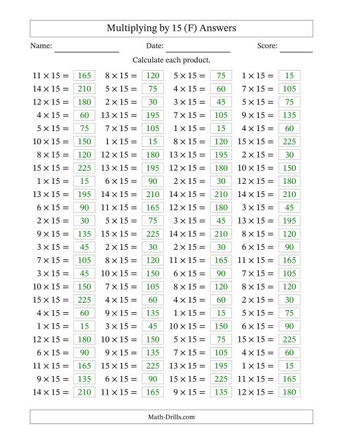 The Horizontally Arranged Multiplying (1 to 15) by 15 (100 Questions) (F) Math Worksheet Page 2