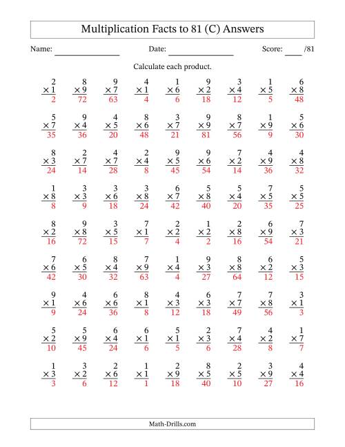 The Multiplication Facts to 81 (81 Questions) (No Zeros) (C) Math Worksheet Page 2
