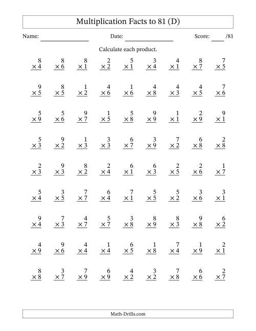 The Multiplication Facts to 81 (81 Questions) (No Zeros) (D) Math Worksheet