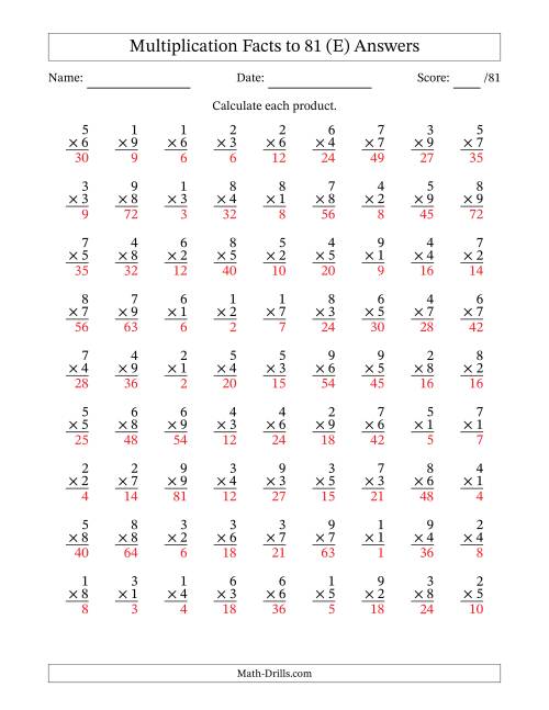 The Multiplication Facts to 81 (81 Questions) (No Zeros) (E) Math Worksheet Page 2