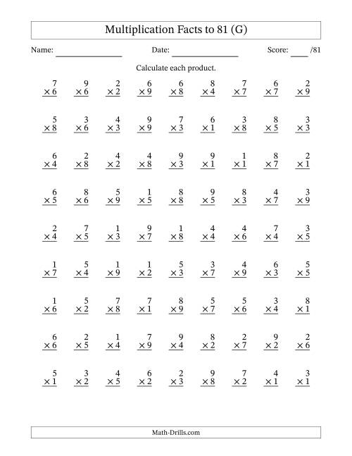 The Multiplication Facts to 81 (81 Questions) (No Zeros) (G) Math Worksheet