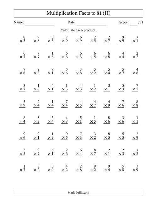 The Multiplication Facts to 81 (81 Questions) (No Zeros) (H) Math Worksheet