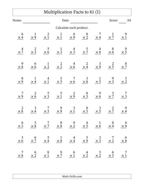 The Multiplication Facts to 81 (81 Questions) (No Zeros) (I) Math Worksheet