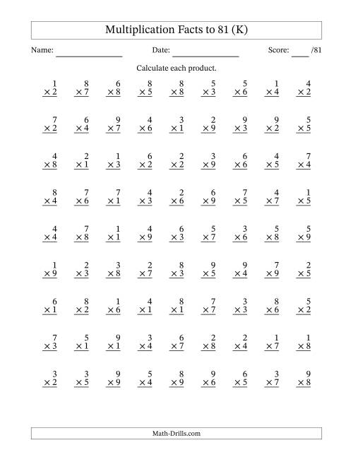 The Multiplication Facts to 81 (81 Questions) (No Zeros) (K) Math Worksheet