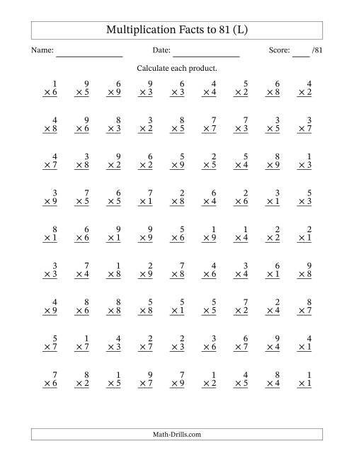 The Multiplication Facts to 81 (81 Questions) (No Zeros) (L) Math Worksheet