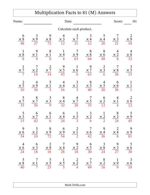 The Multiplication Facts to 81 (81 Questions) (No Zeros) (M) Math Worksheet Page 2