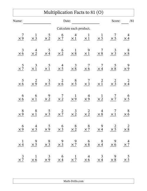 The Multiplication Facts to 81 (81 Questions) (No Zeros) (O) Math Worksheet