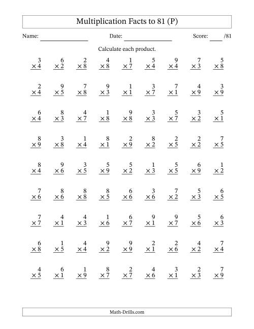 The Multiplication Facts to 81 (81 Questions) (No Zeros) (P) Math Worksheet