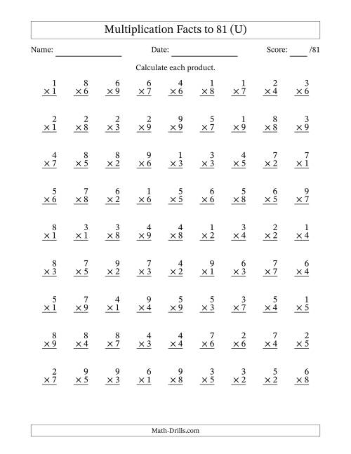 The Multiplication Facts to 81 (81 Questions) (No Zeros) (U) Math Worksheet