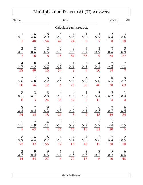 The Multiplication Facts to 81 (81 Questions) (No Zeros) (U) Math Worksheet Page 2