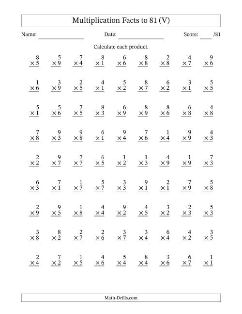 The Multiplication Facts to 81 (81 Questions) (No Zeros) (V) Math Worksheet