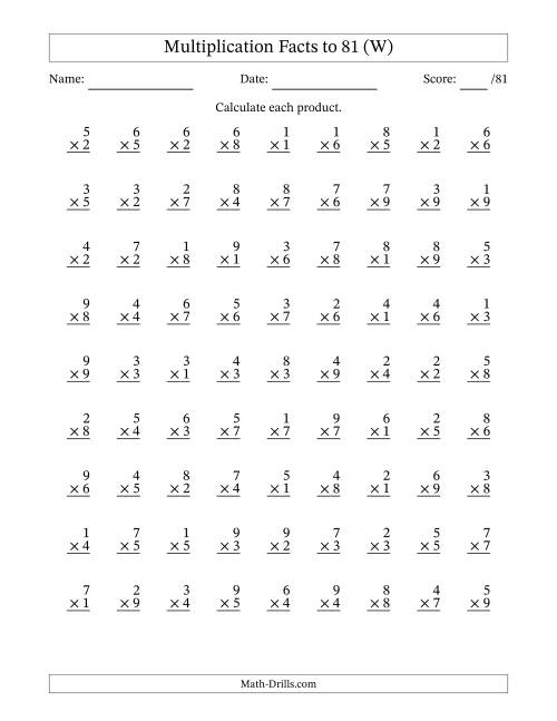 The Multiplication Facts to 81 (81 Questions) (No Zeros) (W) Math Worksheet