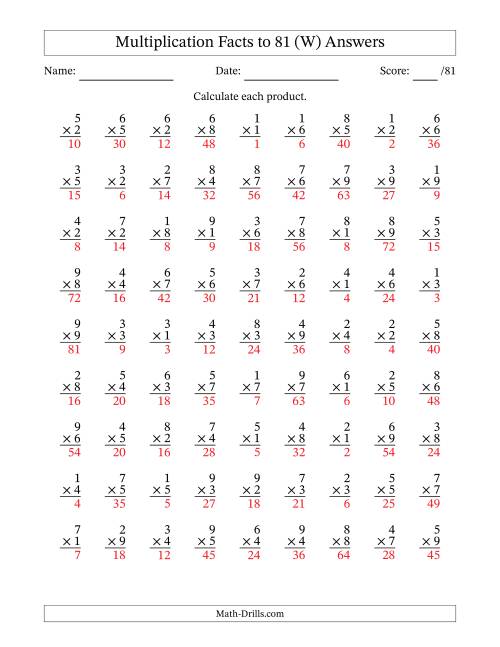The Multiplication Facts to 81 (81 Questions) (No Zeros) (W) Math Worksheet Page 2