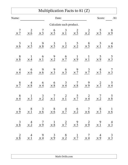 The Multiplication Facts to 81 (81 Questions) (No Zeros) (Z) Math Worksheet