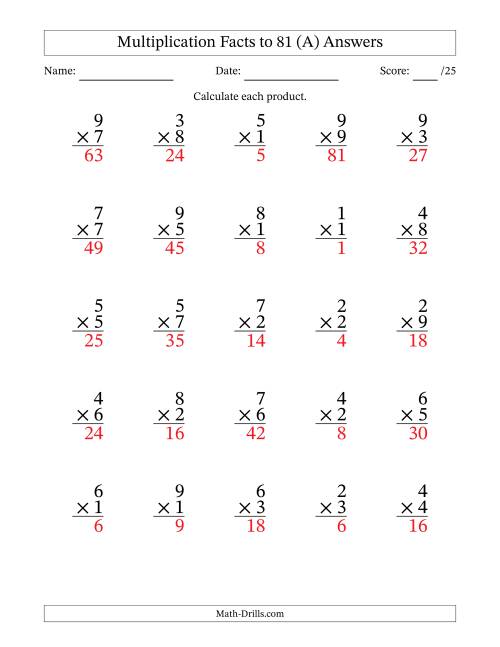 The Multiplication Facts to 81 (25 Questions) (No Zeros) (A) Math Worksheet Page 2